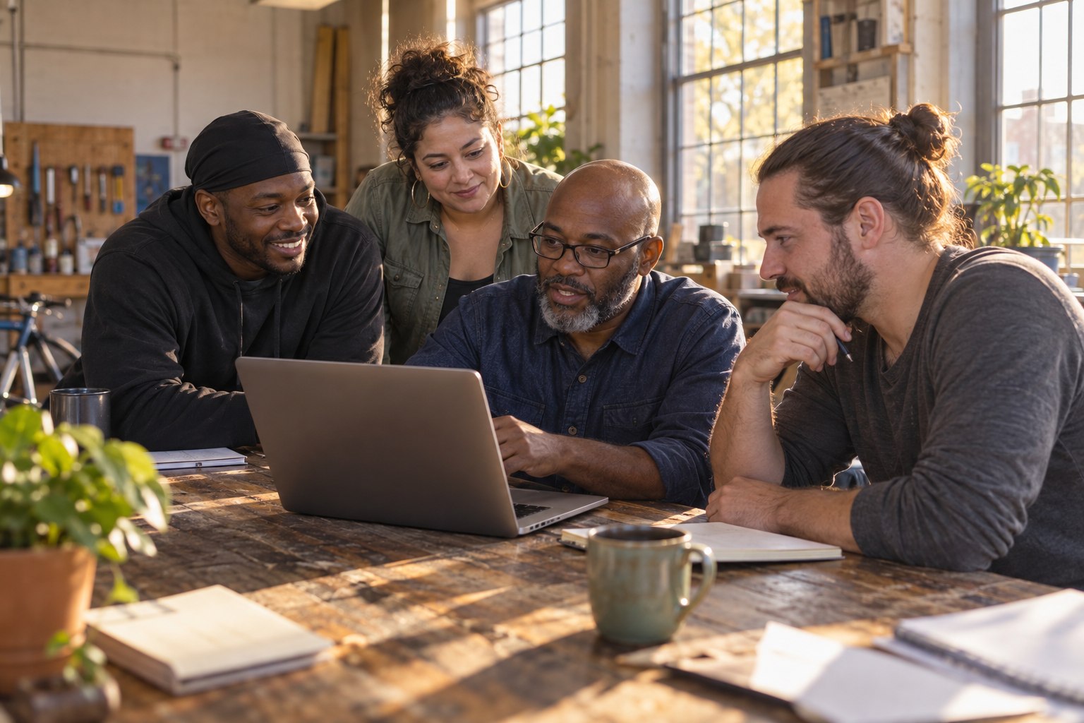 People connecting and learning together around a laptop